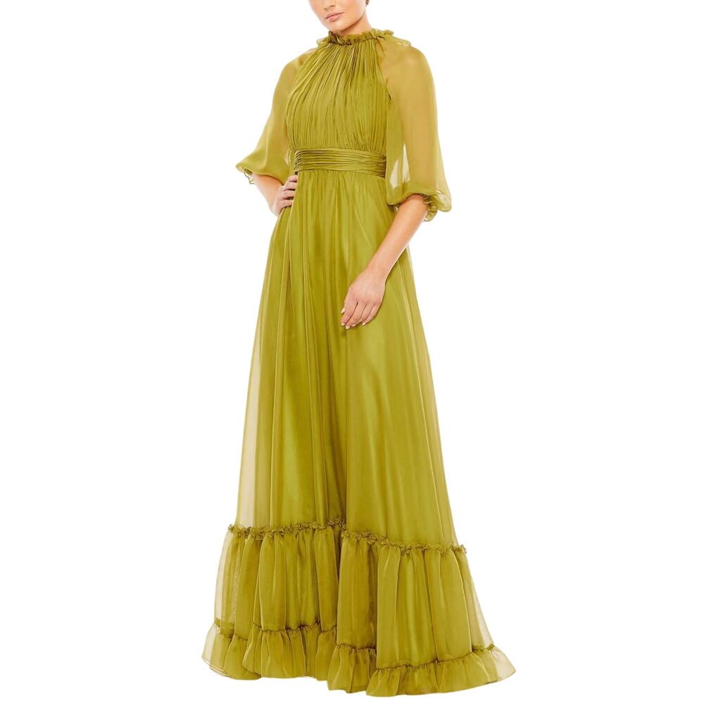 Mac Duggal 68225 Green Evening Gown Pleated Chiffon Long Sleeve Dress Size 4